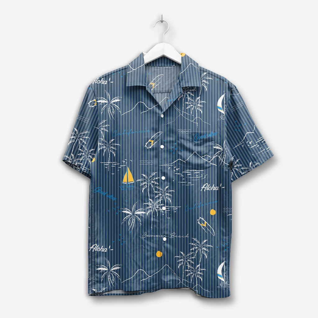 เสื้อเชิ้ตคอปกเปิดผู้ชาย - Plam Trees Vector In Hand Drawn Style On Stripe