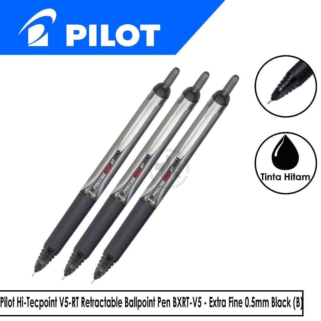 Pilot V-Series Hi-Tecpoint V5-RT ปากกาโรลเลอร์บอลแบบยืดหดได้ BXRT-V5 - Extra Fine 0.5 มม. สีดํา (B)