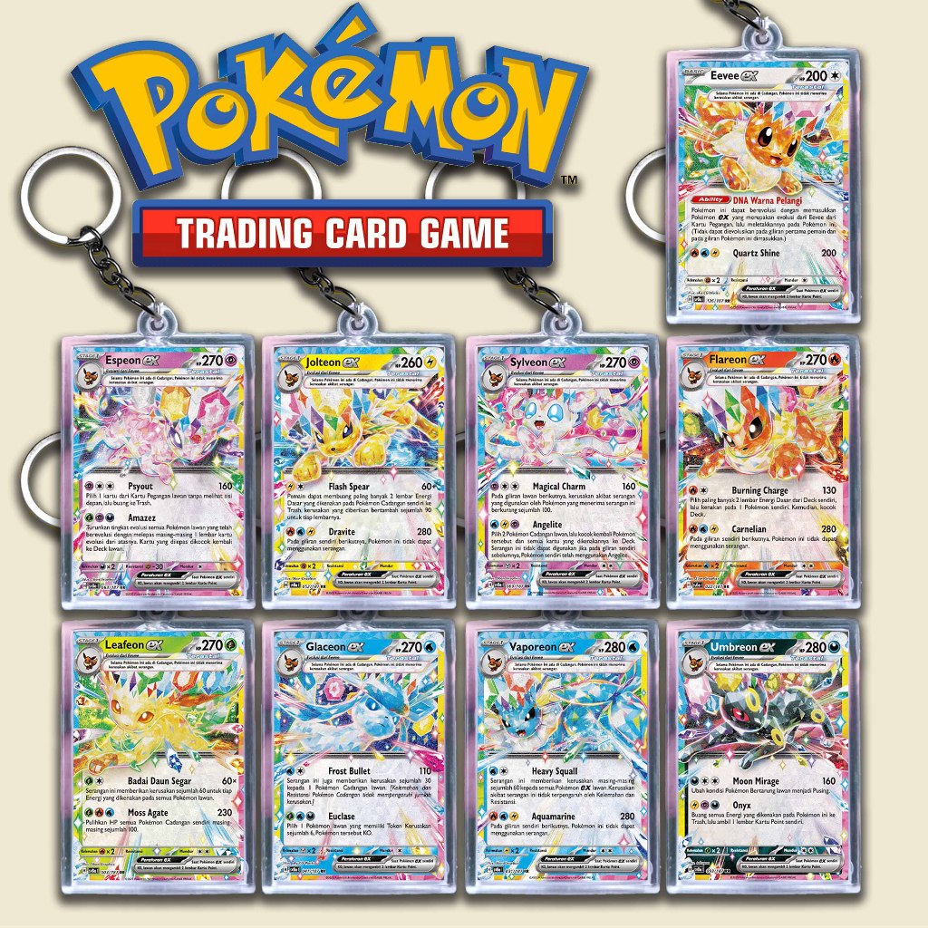 GANTUNGAN Pokemon Eevee Evolution พวงกุญแจโฮโลแกรมด้านหน้าด้านหลัง