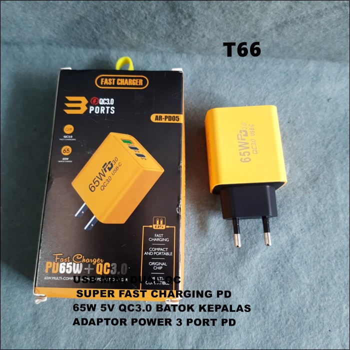 T66 POWER ADAPTER 3 PORT PD 65W 5V QC3.0 SUPER FAST CHARGING PD USB MINI DUAL QC POWER