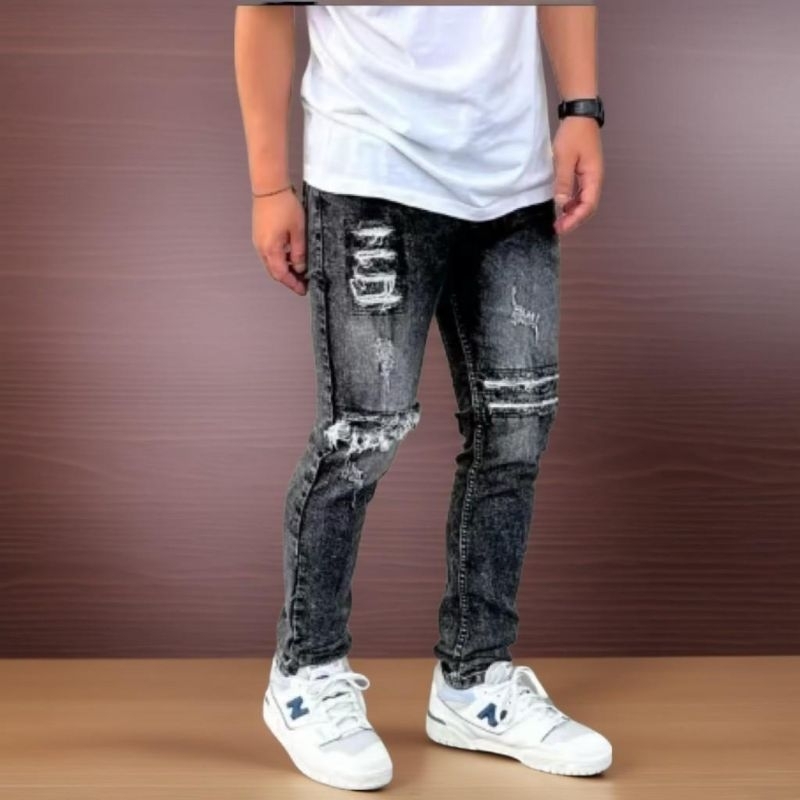 Mens Ripped Slim Fit Biker Jeans Premium Sandwash Grey - Mens Skinny Slimfit Ripped Jeans - Mens Rip