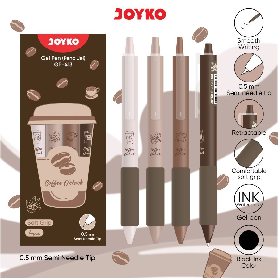 SET / 4 ชิ้น GELPEN JOYKO GP-413 COFFEE OCLOCK ปากกาเจล 0.5 มม.