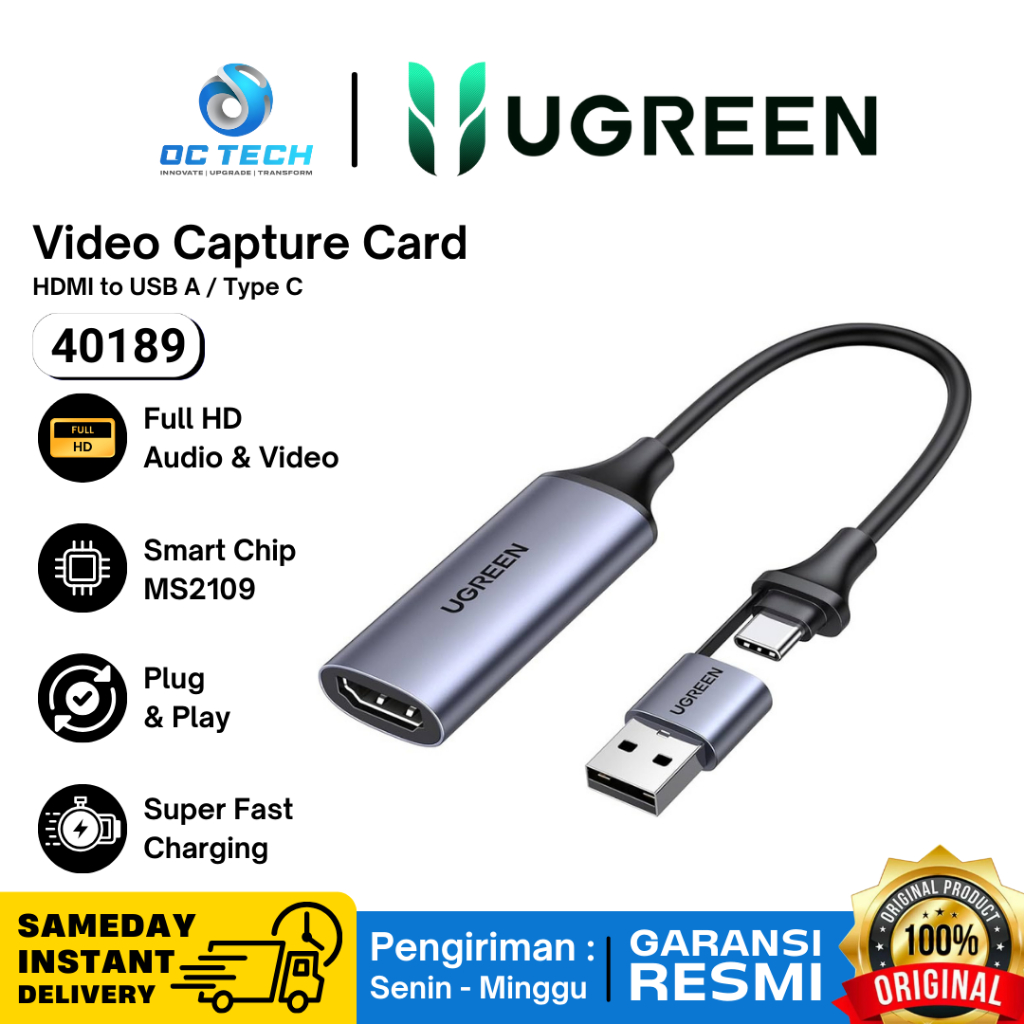 Ugreen 40189 Capture Card Full HD HDMI to USB 2.0 และ Type C Video Capture HDMI การรับประกันอย่างเป็