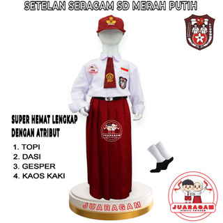 JUARAGAM Setelan Super Lengkap Seragam Sekolah SD Merah Putih Perempuan Baju Panjang Rok Panjang Kelas 1-6 SD