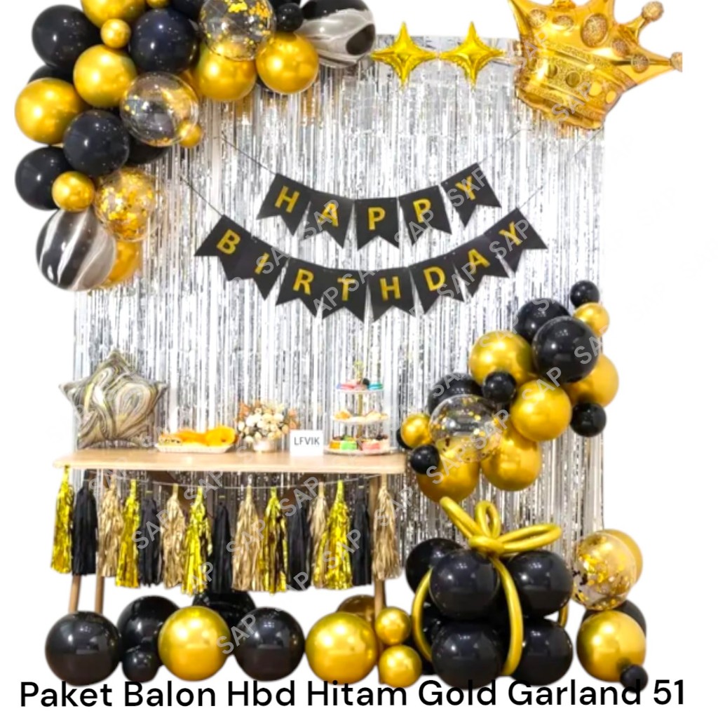 แพ็คเกจลูกโป่ง HBD BLACK GOLD Garland 51 / HBD ตกแต่งวันเกิด สีดําทอง