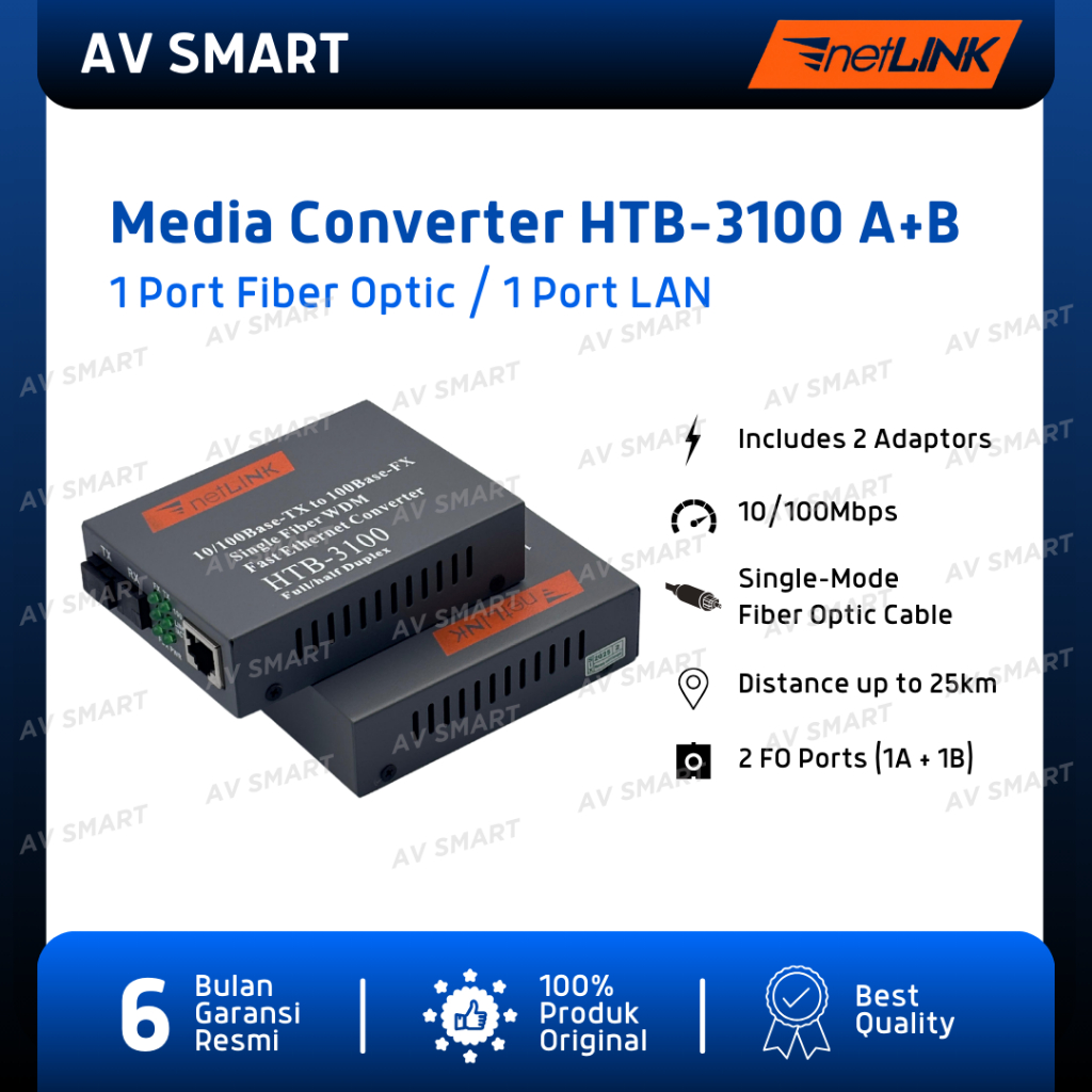 Netlink HTB-3100 A+B Media Converter ไฟเบอร์ออปติก (FO) ถึง LAN RJ45 25KM 10/100 Mbps HTB3100