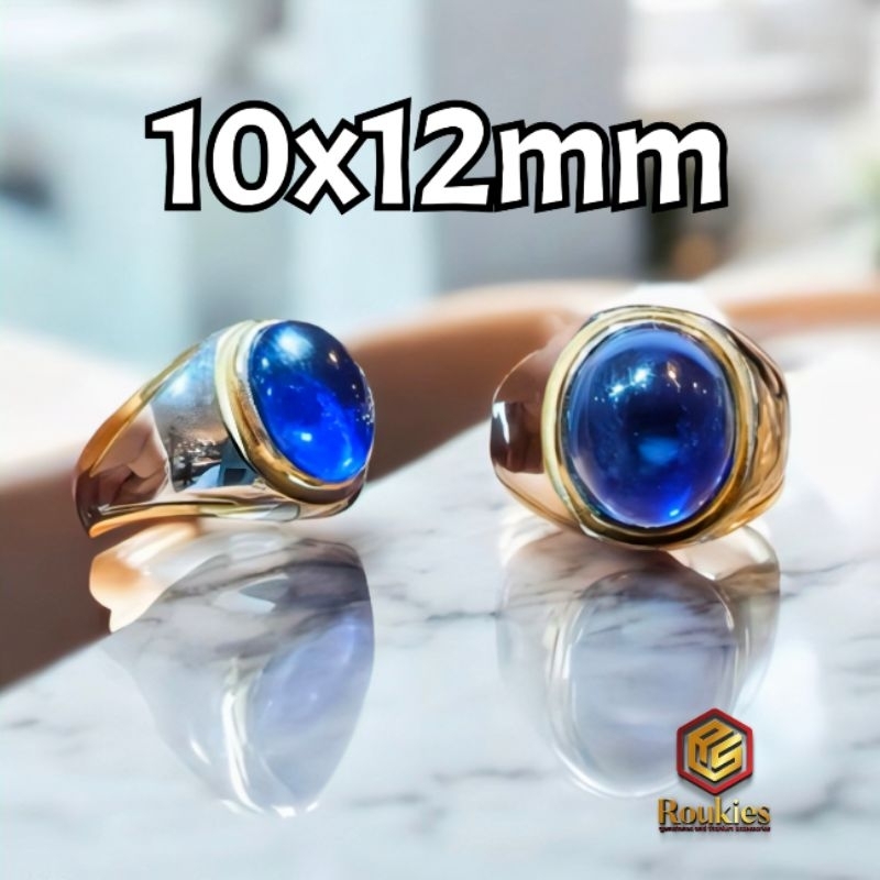 แหวนหินแซฟไฟร์สีน้ําเงิน แหวนไทเทเนียม ขนาด 10x12มม