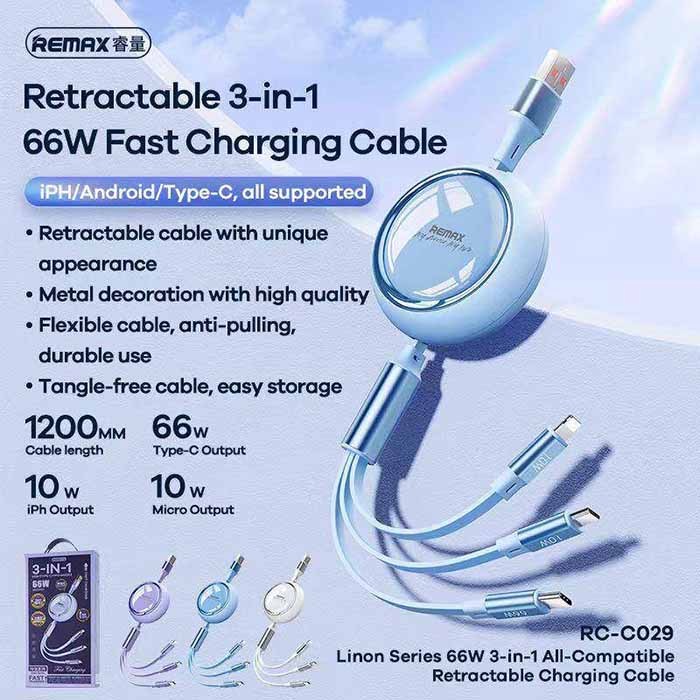 Remax Cable 3in1 66W Retractable RC-C029 Data Charger Cable รับประกันเดิม