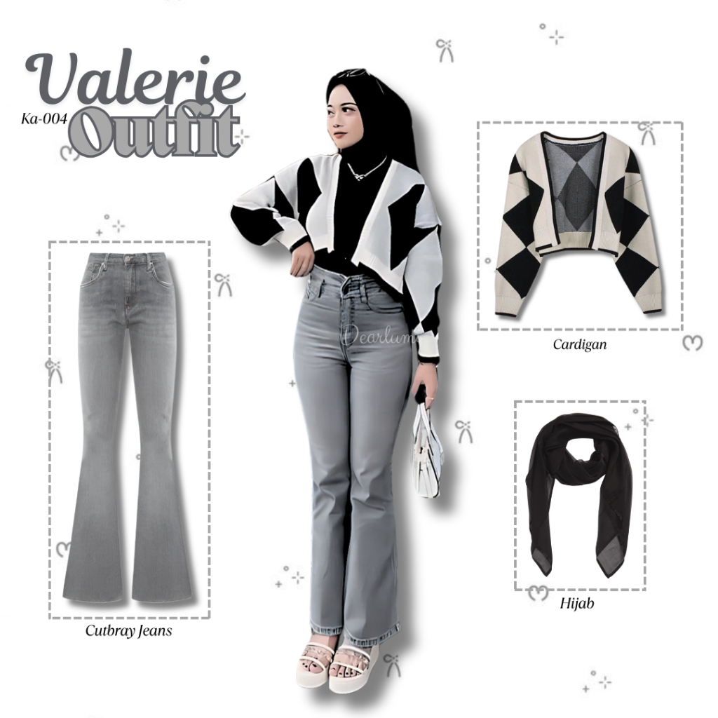 Dearlumi - 3in1 Set Valerie Outfit สไตล์เกาหลีร่วมสมัย | คาร์ดิแกนบทคัดย่อ + กางเกงยีนส์ Cutbray + B