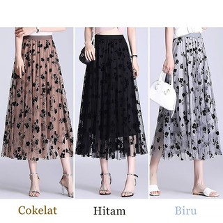 keygirl Rok Tutu Motif Bunga wanita korea/Maxi Skirt Motif Bunga Timbul kekinian 2026