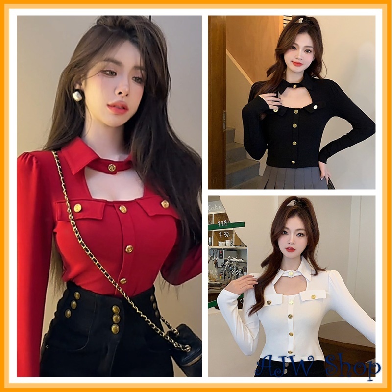 AJW เสื้อถักผู้หญิงพร้อมคอปกโปโลและกระเป๋าปุ่มทอง Variation RCW | แขนยาวสไตล์เกาหลีวินเทจหรูหรา | เส