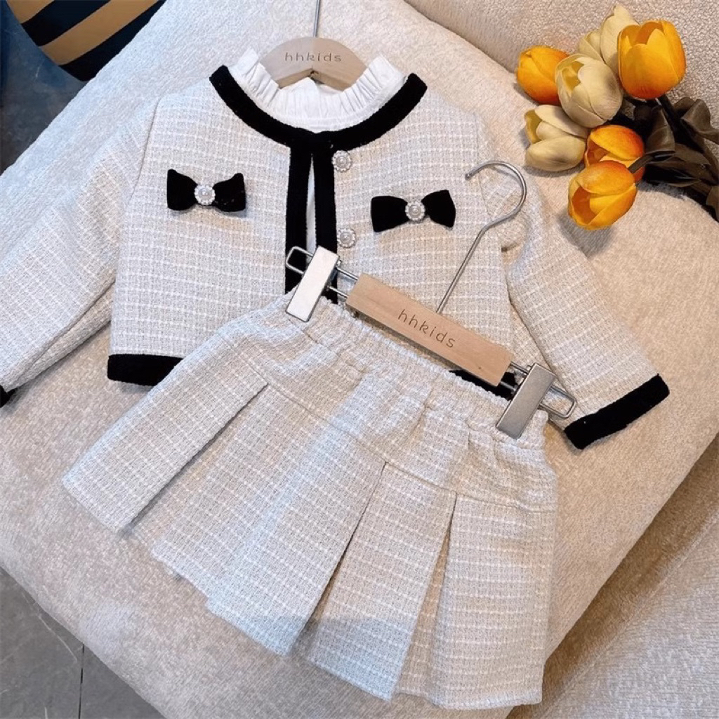 EOBaby L98 ชุดผ้าทวีตสีขาวสําหรับเด็กผู้หญิงลายทางสีดําสไตล์เกาหลี PREMIUM