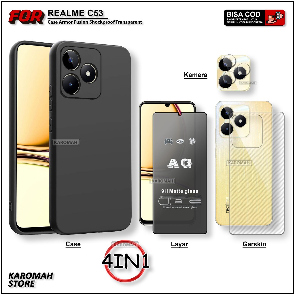 4in1 Softcase Package Realme C53 C51 Narzo N53 Note 50 Case Matte Ultra Slim Camera Protection TG AG