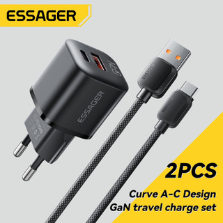 ESSAGER Paket Charger GaN 20W+ Kabel Data A-C/C-C/C-L 100W Fast Charging PD, Aman untuk iP & Android