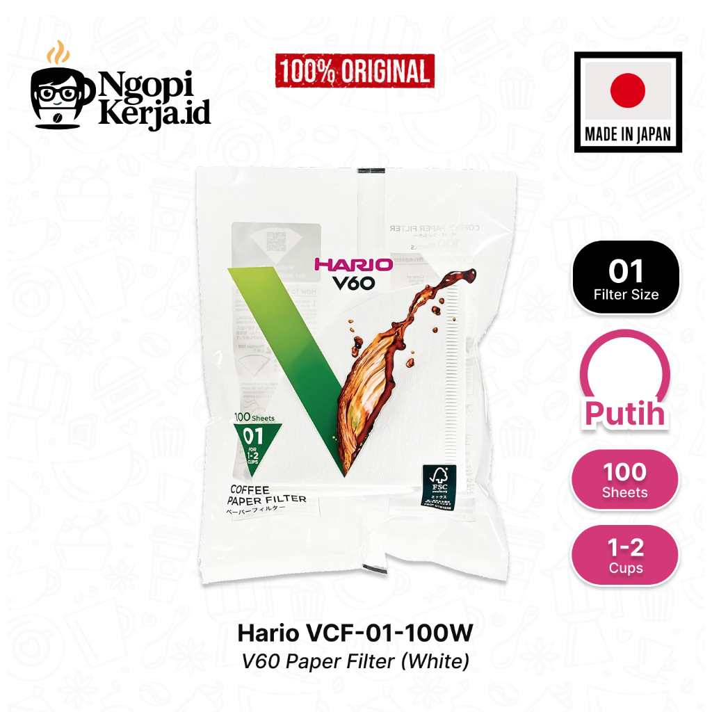 Hario V60 กระดาษกรองกาแฟ VCF-01-100W - สีขาว 100 แผ่น