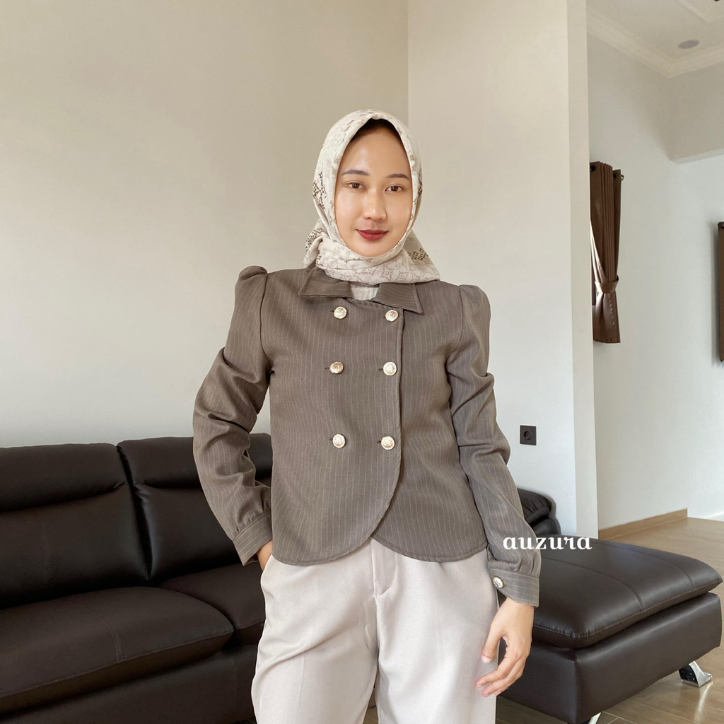 Auzura - Emi Blazer 448 Crop Puffy Stripe Semiwool Button Casual Official Office