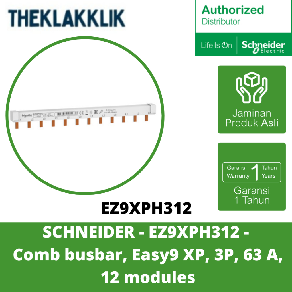 SCHNEIDER - EZ9XPH312 - Comb Busbar, Easy9 XP - 3P - 63A - 12 โมดูล