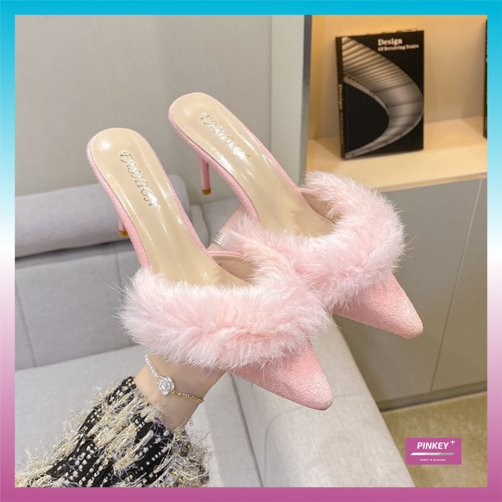 PINKEY P352 ผู้หญิงสีชมพูส้นขนสัตว์รองเท้าตุ๊กตาบาร์บี้หรูหราที่สวยงาม Casual Work Party 7 ซม.สูง