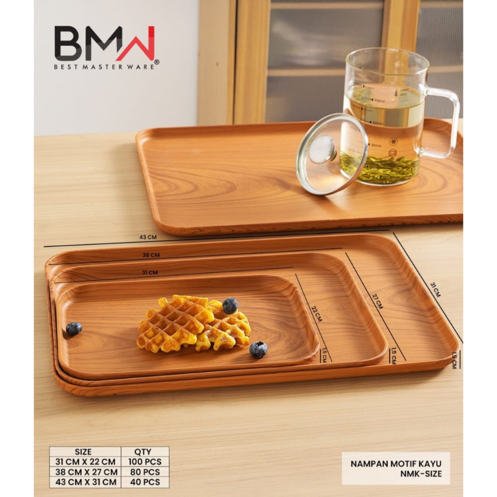 ถาดเสิร์ฟสี่เหลี่ยมพลาสติกทนทานแข็งแรงหนาทนความร้อนลายไม้กันกระแทก 31X22CM BMW ยี่ห้อถาดเสิร์ฟเครื่อ