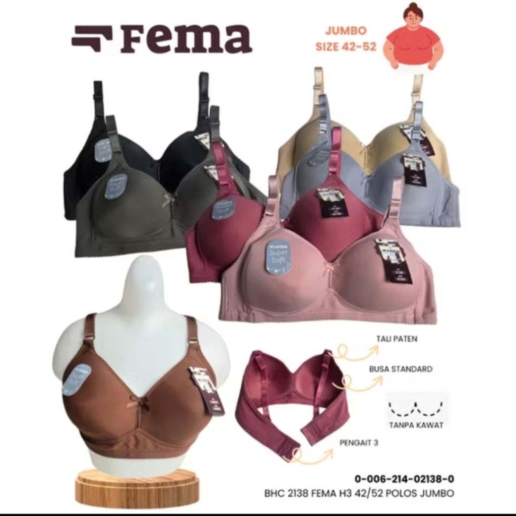 FEMA BIG SIZE SUPER PLAIN JUMBO BRA 2138/YEMA ถ้วยชุดชั้นในขนาดใหญ่ D 46-52