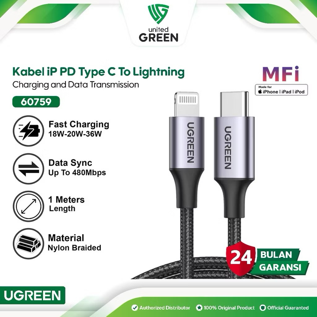UGREEN สายเคเบิลข้อมูล Nylon Type C to Lightning 20W 36W 3A MFI Iphone 13 60759 70523