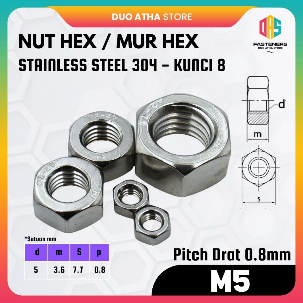 M5 x Pitch 0.8 Stainless Steel / Hex Nut M5 SUS 304