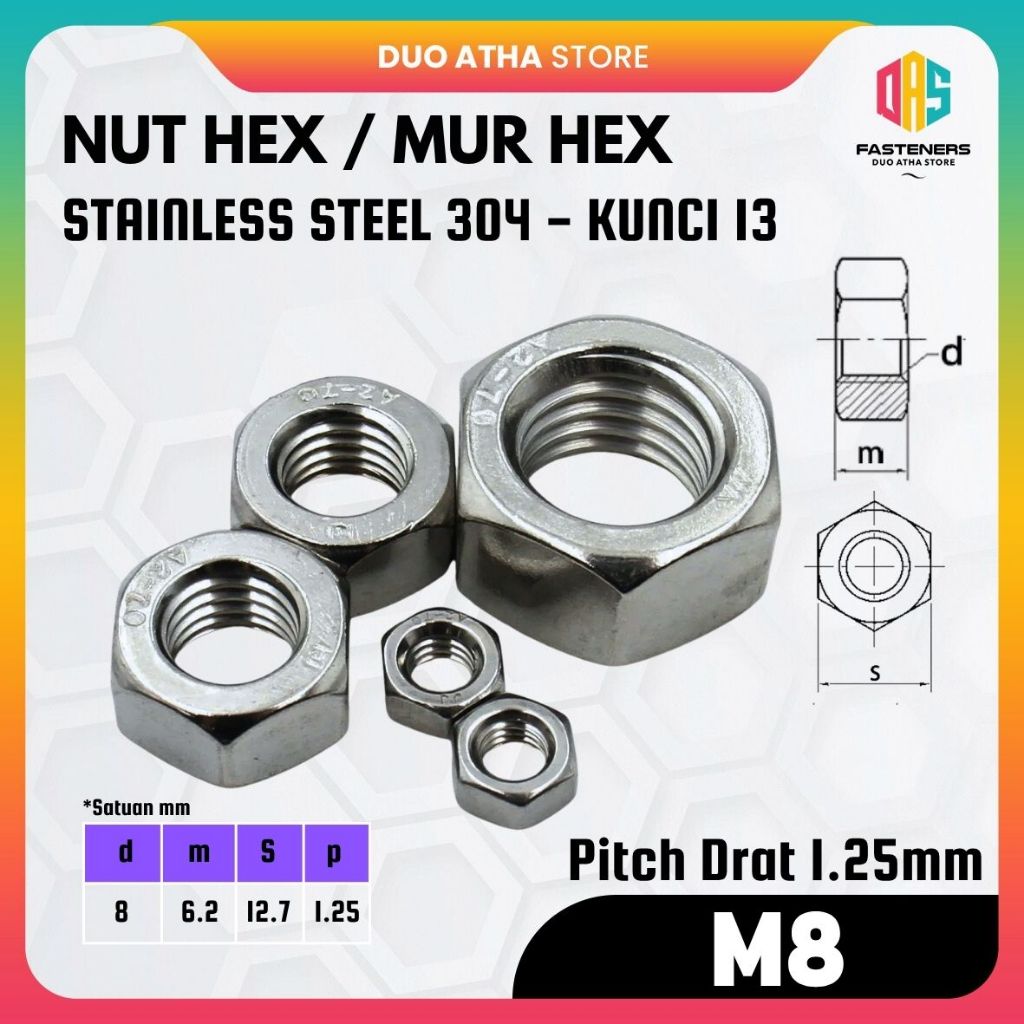 M8 x Pitch 1.25 Stainless Steel / Hex Nut M8 SUS 304