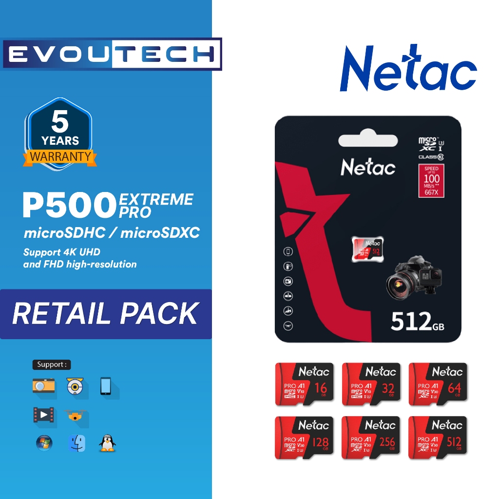 [Evoutech Mall] Netac MicroSD P500 Extreme Pro 16GB/32GB/64GB/128GB/256GB MicroSDHC / การ์ด MicroSDX