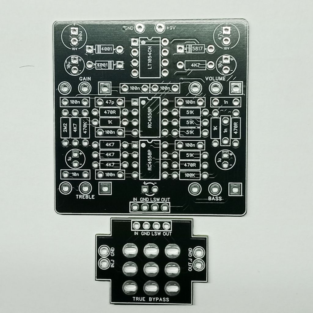 T-Audio PCBFX-365 จาก Mr Black Thunderclaw Distortion กีตาร์เหยียบ Stompbox DIY 1590B LT1054 RC4558P