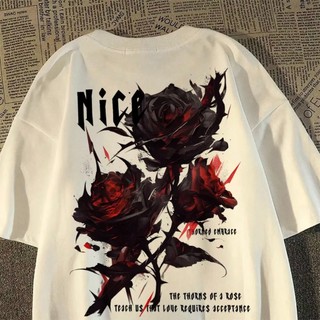 Kaos Lengan Pendek Katun Tebal Retro Amerika Gaya Street Motif Mawar Wanita Pria Musim Panas Merek Trend Barat Hip-Hop Longgar