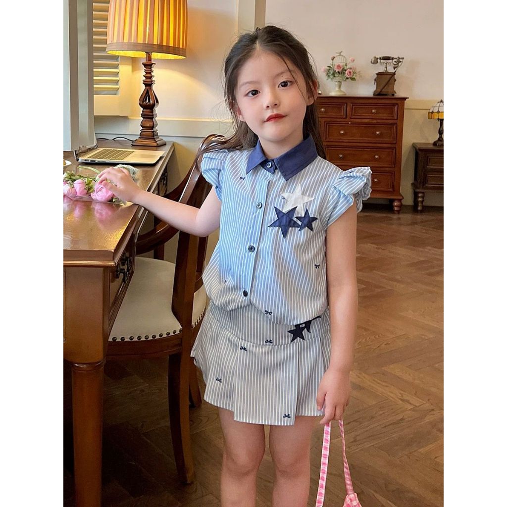 [KIDSFASHIONCOLLACTION] 2033 Starby Strip Blue Skirt for Girls with Star Ribbon Motif