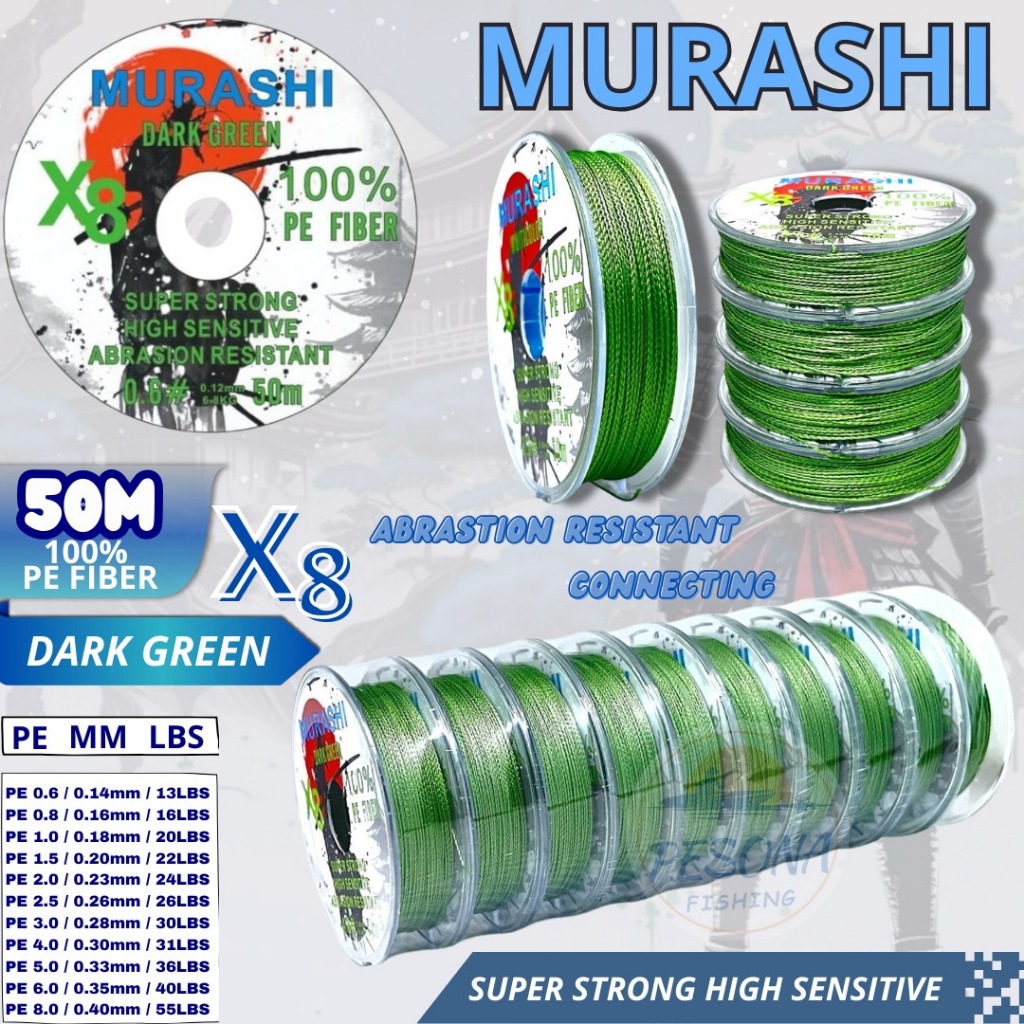 PE MURASHI X8 สายตกปลาความยาว 50 ม. เชื่อมต่อเส้นใย PE 100% พร้อมขนาด PE 0.6 - 8.0 ทนทานเป็นพิเศษ