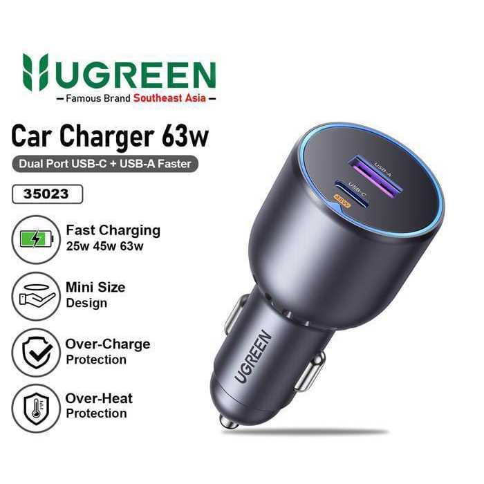 UGREEN Car Charger 2 Port USB + Type C PD 63W Super Fast Charging - 35023 -