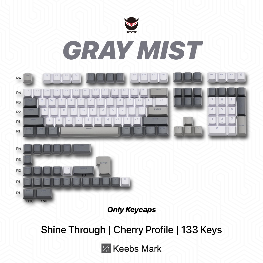XVX Grey Mist Shine Through Keycaps 133 คีย์ Cherry Profile คีย์บอร์ดเครื่องกล
