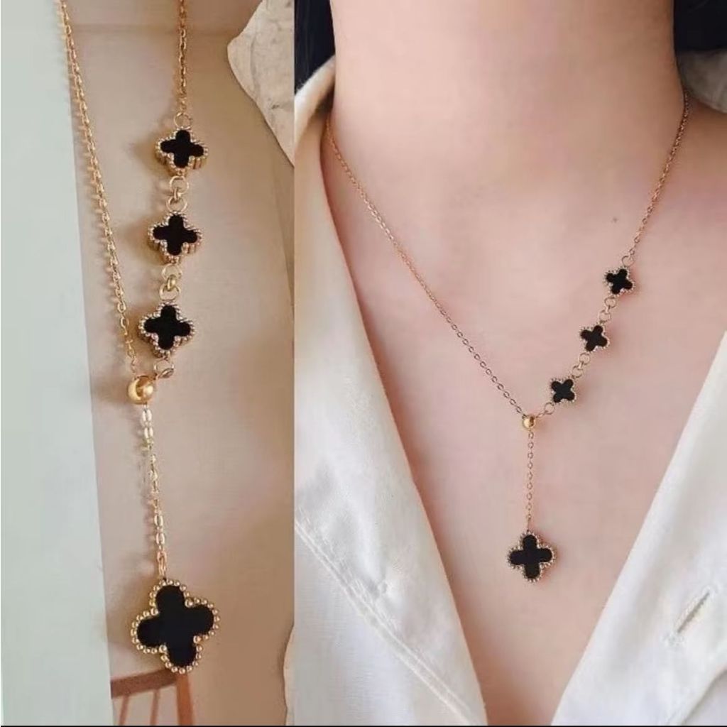 {PICKS}สร้อยคอเครื่องประดับแฟชั่นสตรี D4 สร้อยคอเชือกโคลเวอร์ยาวหมวกไทเทเนียมแท้ 750 Ctm Pricksley