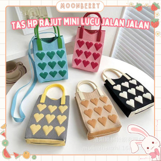Tas Rajut HP Mini Motif Love Korea Selempang Sling Bag Knitted Premium Bag Kekinian
