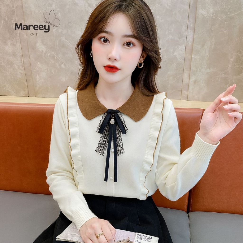 Mareey - Picea เสื้อท็อปสไตล์เกาหลีพร้อมคอปกผ้าถักระดับพรีเมียม (RCB)