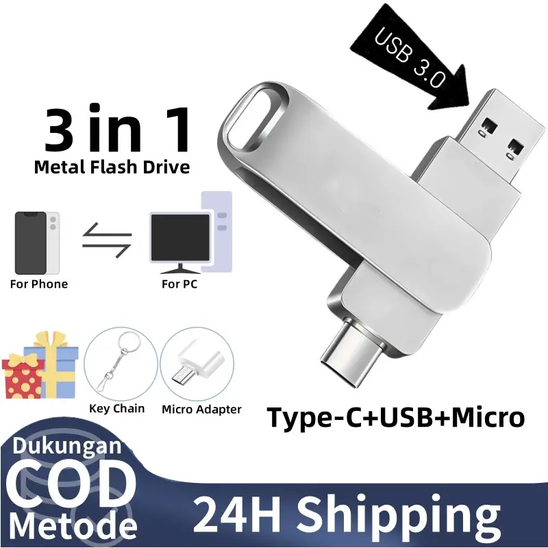 แฟลชไดรฟ์ USB 3 in 1 Type C 1TB 2TB สําหรับ Android และ Micro คอมพิวเตอร์ Flashdrive Storage