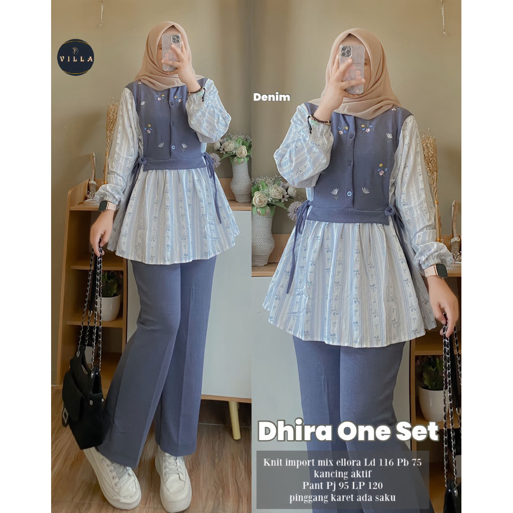 DHIRA ONE SET ORIGINAL BY VILLA oneset setcel เสื้อเบลาส์ดอกไม้และกางเกงถักนําเข้าธรรมดา