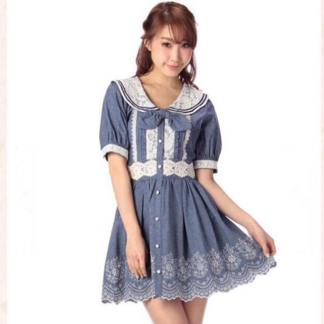 Liz Lisa Denim Dress เย็บปักถักร้อยดอกไม้ Vintage Kawaii ญี่ปุ่น Himekaji