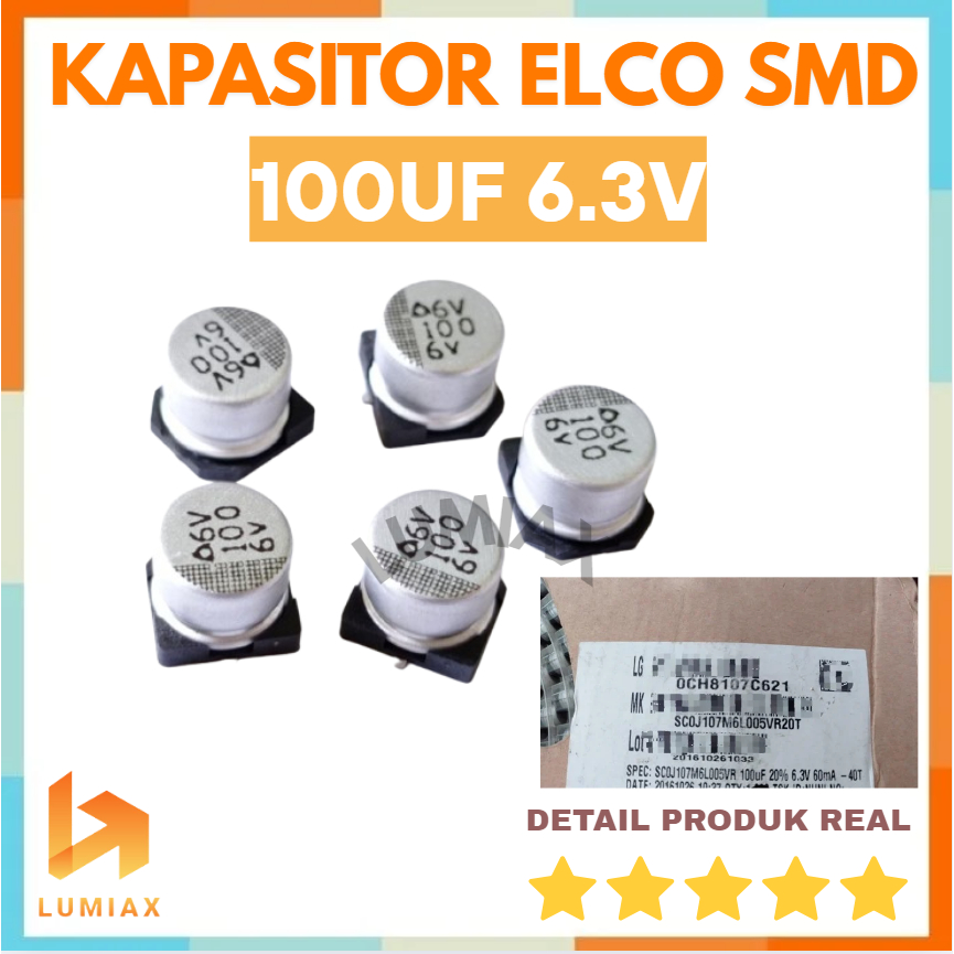 Elco SMD 100uF 100 uF 6.3V 6.3 6.3 V 100UF 100microfarad