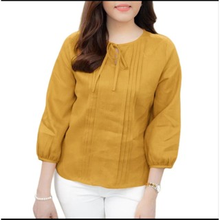 Atasan blouse wanita Korea cantik imut kerah bulat tali lipit warna solid