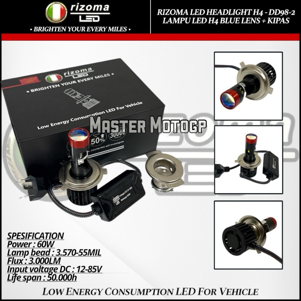 Rizoma led เลเซอร์บิลไฟหน้าพรีเมี่ยม H4 DD98 - ไฟ LED 2 ดวง เลเซอร์ H4 H6 M9 เลนส์สีน้ําเงิน + พัดลม