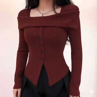 sabrina top kancing elegan atasan polos knite rib panjang Top Knitwear Korean Style