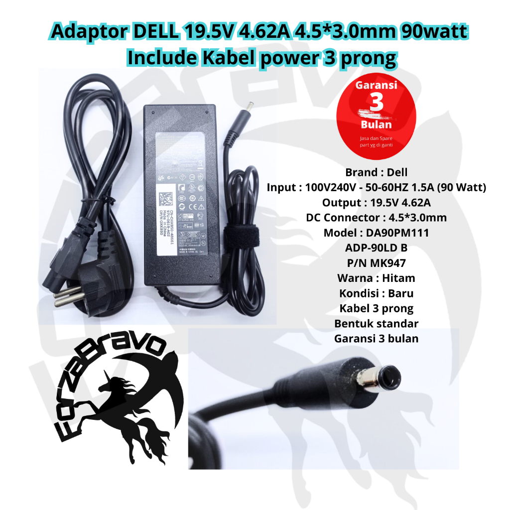 อะแดปเตอร์ Dell 19.5V 4.62A 4.5x3.0 มม. 90 วัตต์สําหรับ Vostro 20 3052 3055 24 5450 รวม 3Prong สายไฟ