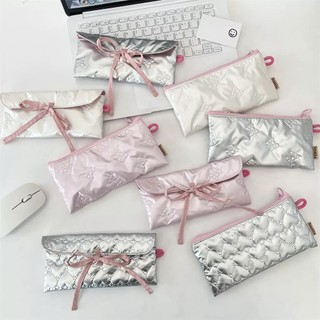 Kotak Kaca Mata Kotak Pensil Lipat Motif Pita Berlapis Dompet Koin Tas Penyimpanan Portabel Wanita Kotak Pensil Multifungsi untuk Siswa