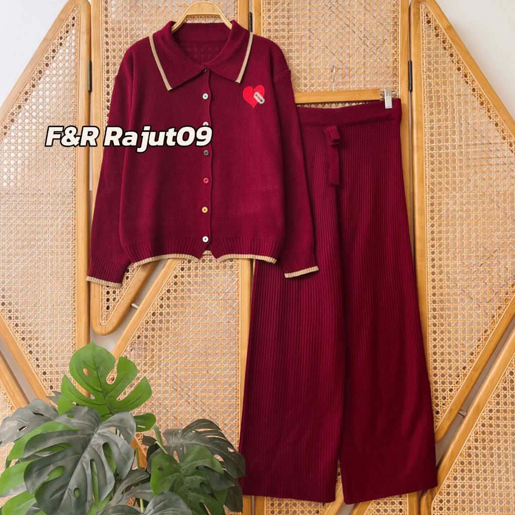 F&R Oneset Zavia ปุ่มสายรุ้งถักเสื้อสเวตเตอร์ถัก Polo Collar Love Motif เย็บปักถักร้อย Premium ผู้หญ