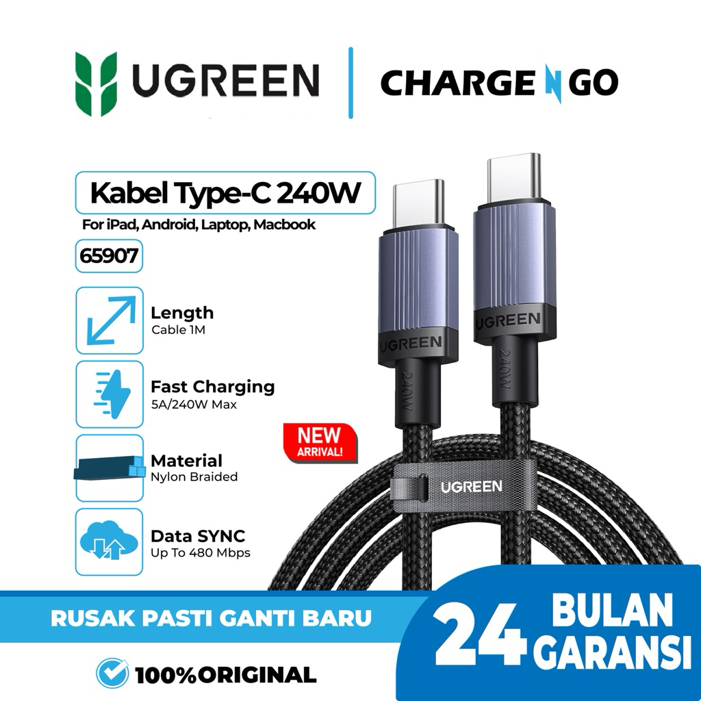 Ugreen Type C ถึง Type C 240W สายเคเบิลข้อมูลชาร์จเร็ว