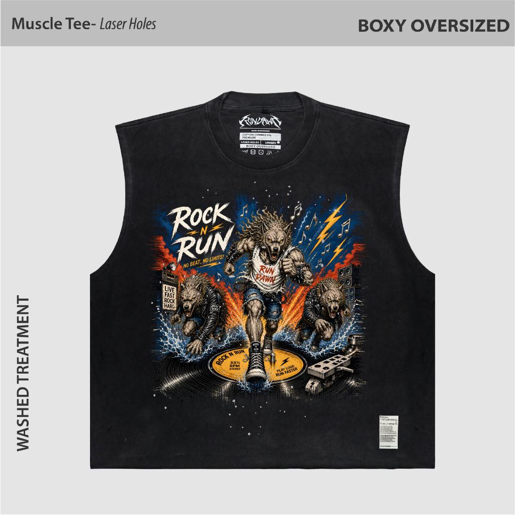 Rundawn Muscle Tee BOXY Unisex – เสื้อยืดวิ่งวินเทจ – เสื้อยืดรักษาซักผ้า • ROCK N RUN