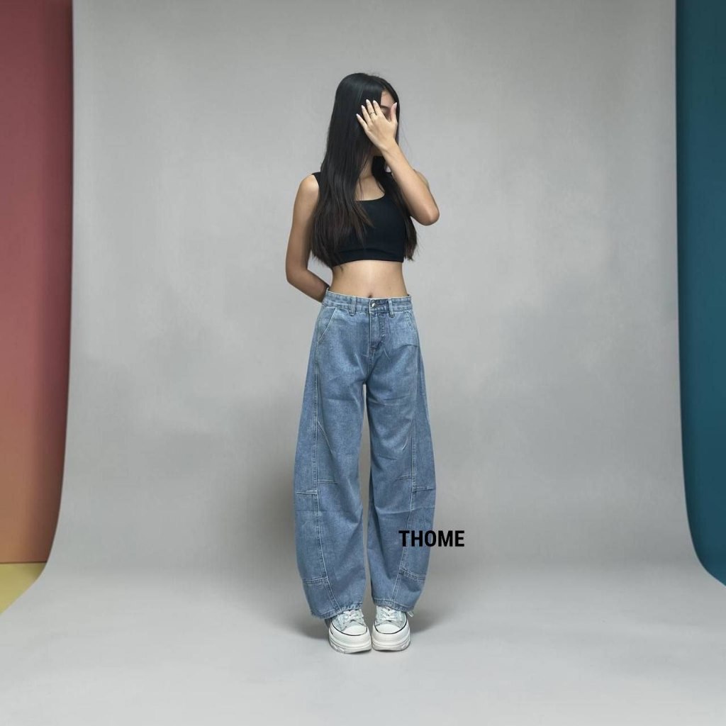 Thome X8073 Barrel Leg Denim Washed Blue Oversize Casual Jeans X8073
